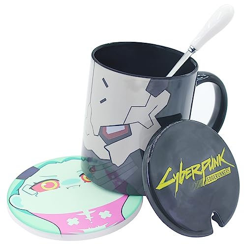 PPGOD Edgerunners: 16 oz Anime Mugs Adam Smasher mug & Rebecca coasters black Coffee Cup set (Black Cup Ceramic Coasters Lid Spoon) - Black Cup Ceramic Coasters Lid Spoon