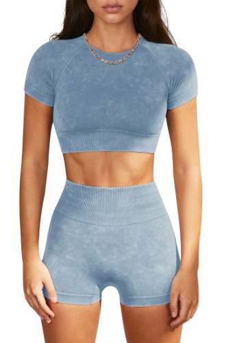 OLCHEE Womens Workout Sets 2 Piece - Seamless Acid Wash Yoga Outfits Shorts and Short Sleeve Crop Top Gym Athletic Clothes - Short-sleeve + Shorts: Blue Large