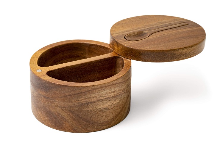 DecoVibe Acacia Salt Box Divided with Magnetic Swivel - 2-Compartment Wooden Spice Cellar - Elegant Wood Storage Keeper for Condiments, Seasoning, Pepper - Attached Spoon on Lid Cover - 3.9x3.9x2.5" - 2 Compartments