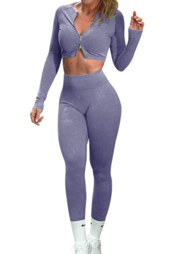 OLCHEE Womens Workout Sets 2 Piece - Seamless Acid Wash Yoga Outfits Shorts and Short Sleeve Crop Top Gym Athletic Clothes - Long-sleeve + Leggings: Purple Large