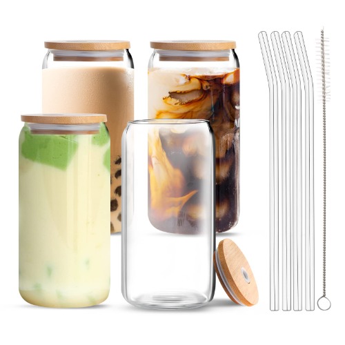 Beer Can Glass with Bamboo Lids and Glass Straws, 4 Pack 16oz Drinking Glasses with Lids and Straws, Can Shaped Glass Cups, Iced Coffee Cup, Beer Glasses, Ideal for Water, Soda, Tea, Gift - Set of 4