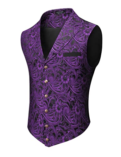 COOFANDY Mens Suit Vest Paisley Floral Victorian Vests Gothic Steampunk Formal Waistcoat Tuxedo Vests with Notched Lapels - Medium - Purple
