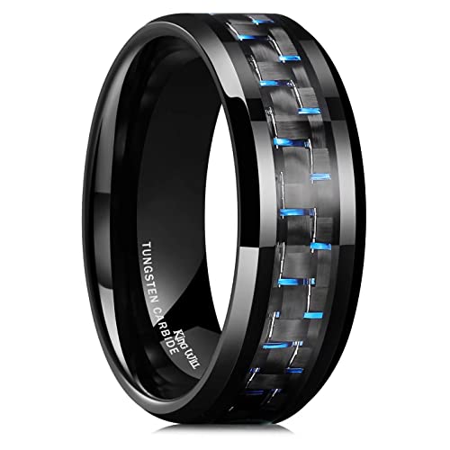 King Will GENTLEMAN 8mm Black/Red/Green/Blue/Silver Carbon Fiber Inlay Tungsten Carbide Ring Black Wedding Band Polished Finish Edges Men’s Ring Comfort Fit for Men Women - Blue - 6.5