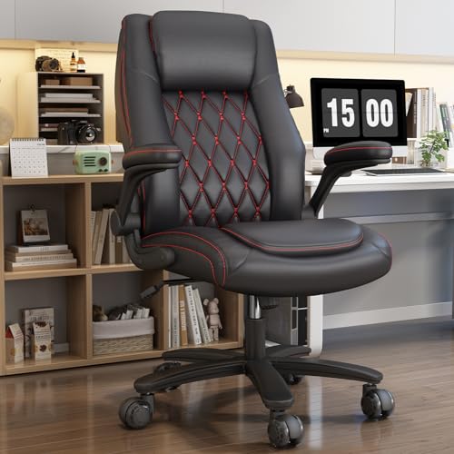 GYI High Back Executive Office Chair, Big and Tall Office Chair 400LBS with Rubber Wheels, Ergonomic Adjustable Computer Desk Chairs with Padded Flip-up Armrests, Lumbar Support - Black