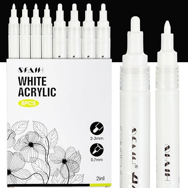 SFAIH Acrylic White Paint Pens - 8 Pack 2-3MM Medium Tip & 0.7MM Extra Fine White Paint Marker for Rock Painting, Wood, Metal, Fabric, Plastic, Canvas, Glass, Ceramic, Diy Crafts