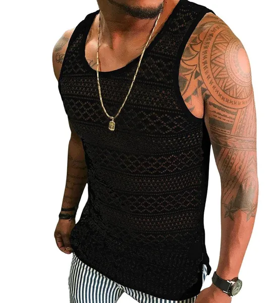 Syktkmx Mens See Through Vest Crewneck Sleeveless Tank Tops Muscle Sexy Mesh Shirts - Small Black