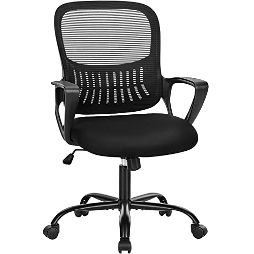 SMUG Office Computer Desk Chair, Ergonomic Mid-Back Mesh Rolling Work Swivel Task Chairs with Wheels, Comfortable Lumbar Support, Comfy Arms for Home, Bedroom, Study, Dorm, Student, Adults, Black - Black - Modern