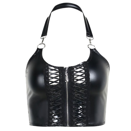'Frankenstein' Black Wet Look Faux Leather Halter Lace up Top - Black / M
