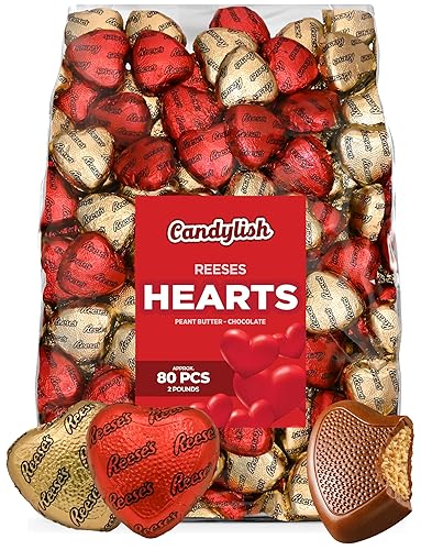 Reeces Valentines Day Milk Chocolate Peanut Butter Hearts Treats - 2 LB of Red & Gold Foil Wrapped Delights, Ideal for Bulk Candy, Holiday Gift Basket Filler, and a Chocolate Gift Box for a Sweet Valentine's Celebration (Approx. 80 pcs) - 2 LB