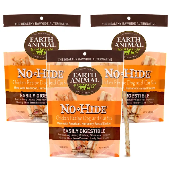 Earth Animal No-Hide Stix Flavored Rolls Natural Rawhide Alternative Dog Chew Treat for Small Dogs - Chicken 10 Count (Pack of 3)
