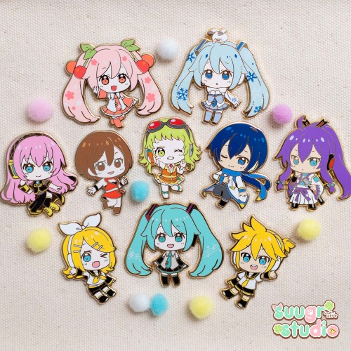 Virtual Vocalist Miku Hard Enamel Pin Set, Miku, Snow Miku, Sakura Miku, Rin, Len, Gackpo, Luka, Meiko, Kaito, Gumi - Simple Rubber Back