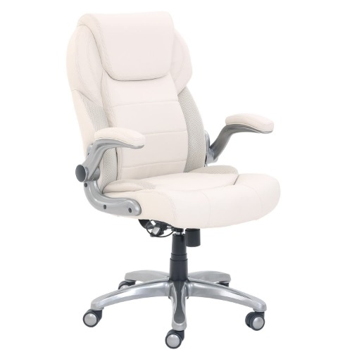 AmazonCommercial Ergonomic High-Back Bonded Leather Executive Chair with Flip-Up Arms and Lumbar Support, Cream - Cream