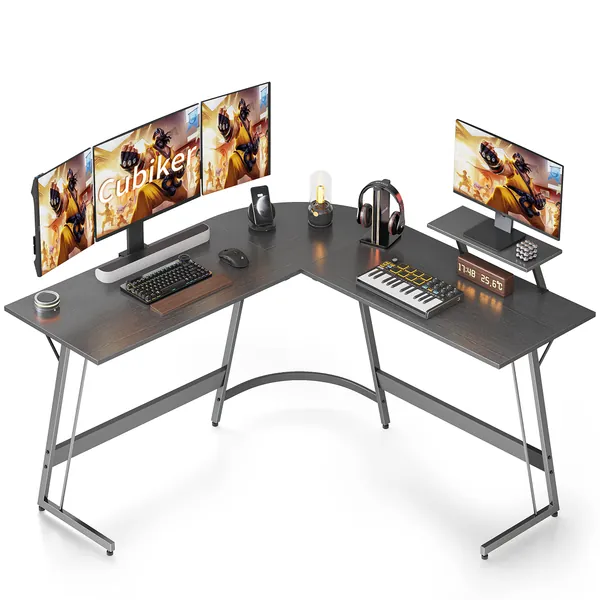 Cubiker L Shaped Desk, Computer Corner Desk, Gaming Desk with Monitor Stand, Home Office Study Writing Workstation, Space-Saving, Black - Black