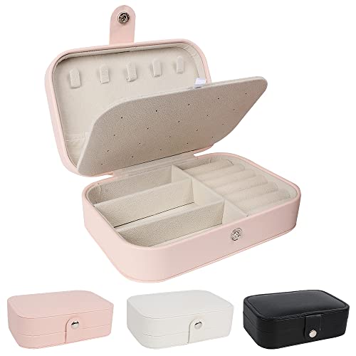 Jewelry Box Organizer, FOME Double Layer PU Leather Small Jewelry Travel Case PU Leather Jewelry Storage Case for Rings Earrings Necklace Bracelets Jewelry Gift for Girls Women (Pink) - Pink