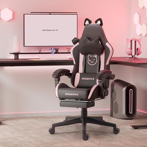 Dowinx Gaming Chair Cute with Cat Ears and Massage Lumbar Support, Ergonomic Computer Chair for Girl with Footrest and Headrest, Comfortable Reclining Game Chair 290lbs for Adult, Teen, Black - Black