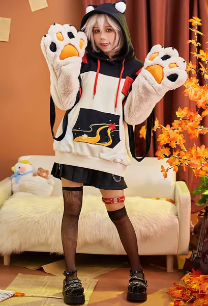 Kaedehara Kazuha Derivative Pullover Hoodie with Detachable Bag Design Furry Paw Gloves Genshin Impact Kawaii Fox Ear Big Gloves Hoodie