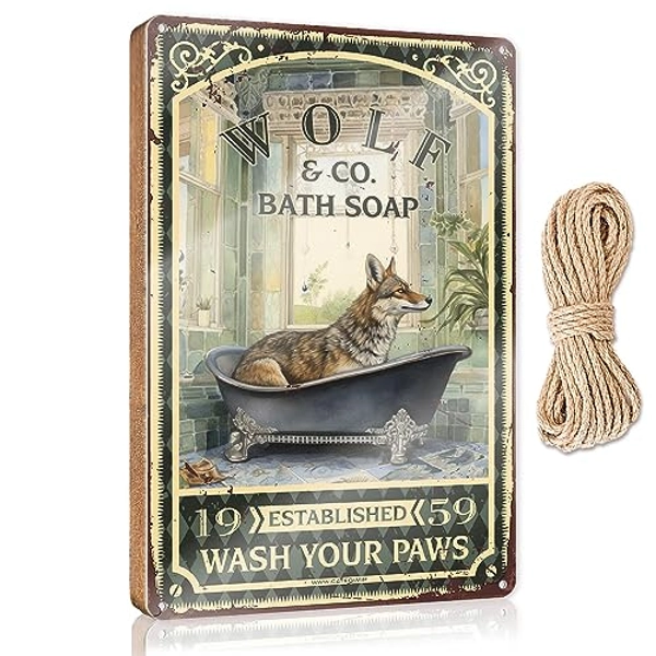 Fun Home Decor Wolf Bath Soap Wash Your Paws Wooden Sign Wood Plaque Hanging Sign Bathroom Funny Signs (Color : Colour, Size : 15X28CM) - Colour - 15X28CM