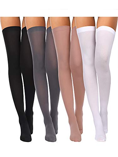 Boao 4 Pairs Women's Silk Thigh High Stockings Nylon Socks for Women Halloween Cosplay Costume Party Tights Accessory - Black, White, Skin Color, Grey - Medium