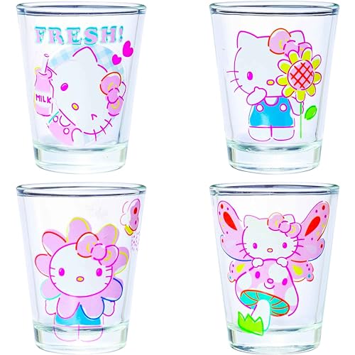 Silver Buffalo Sanrio Hello Kitty Spring Garden Flowers 4 Pack Mini Glass Set, 1.5 Ounces - Hello Kitty Garden