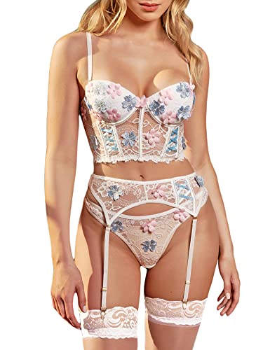 WDIRARA Women's Floral Lace Push Up Garter Lingerie Set with Stockings - Small - White