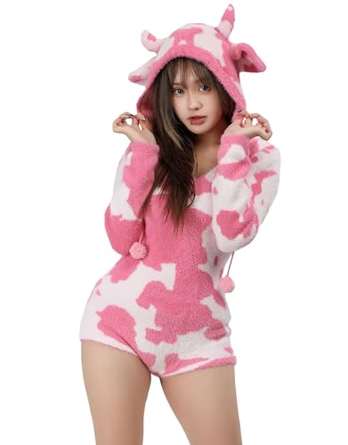 Mobbunny Women's Fuzzy Knit Sweater Pajamas Pink Cow Print Jumpsuit Fluffy Hooded Romper Bodysuit Onesies Pajamas Adult - Small - Pink