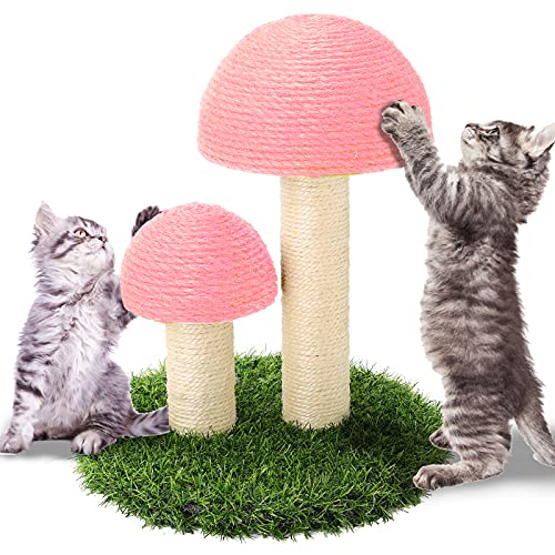 PowerKing Mushroom Cat Scratching Post, 15 x12 Inches Claw Scratching Post for Kitty, Natural Sisal Cat Scratchers Pole, Cat Interactive Toys, Cat Tree Tower (Pink) - 2 Mushroom Caps-Pink