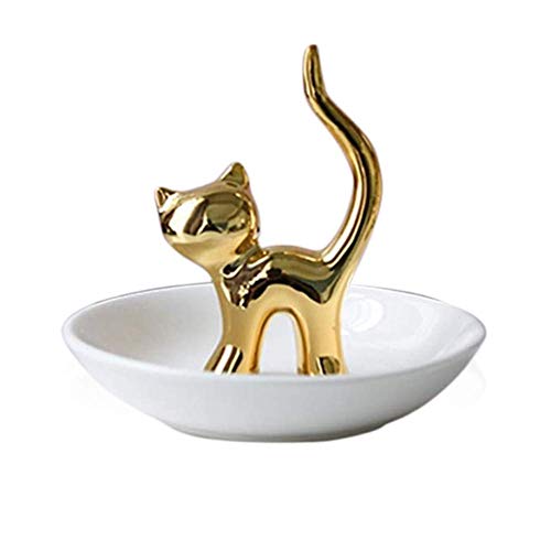 Lependor Cat Holder Ring Dish Cute Animals Jewelry Holder Rings Bracelets Earrings Trinket Tray for Women Girls Birthday Gift - Gold Cat - Gold Cat