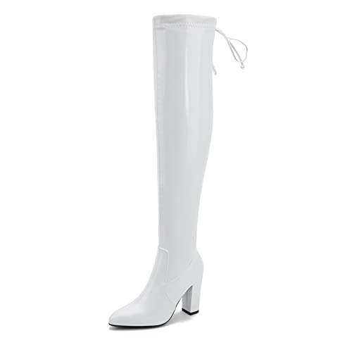 Women's Over The Knee Boots Chunky Heels Zipper Boot Sexy Pointed Toe Thigh High Lace Up Boots - 8 - A-white