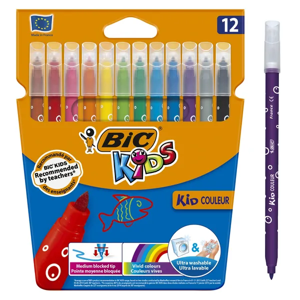 BIC Kids Kid Couleur, Washable Felt Tip Pens, Ideal for School, Assorted Coloring Medium Point Pens, Pack of 12