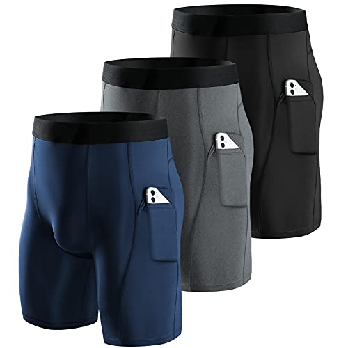 Niksa 3 Pack Mens Compression Shorts Running Base Layer Shorts Men’s Compression Workout Shorts with Cell Phone Pockets Tight Dry and Breathable Sports Shorts for Cycling,Yoga,Boxing,Gym,Running. - Black + Grey + Navy Blue - L