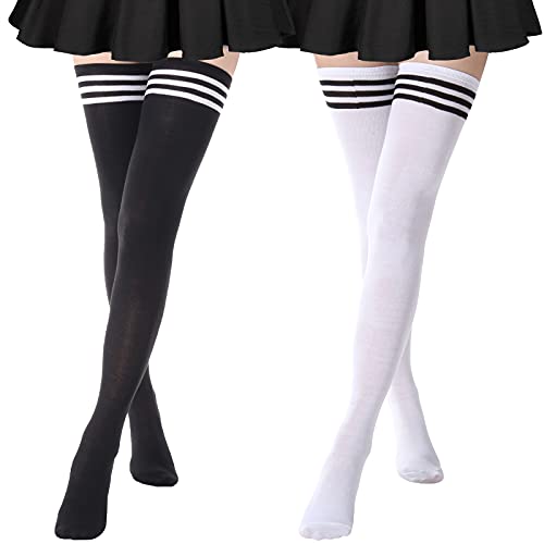 DRESHOW Extra Long High Thigh Socks Striped Over Knee Thin Tights Long Stocking - 2 Pairs Stockings With Stripe: White, Black