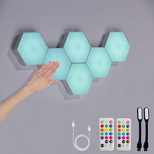 Hexagon Lights with Remote, Smart DIY Hexagon Wall Lights, Dual Control Hexagonal LED Light Wall Panels with USB-Power, Geometry Hex Lights Touch Used in Game Room Decor, Party - 6-pack