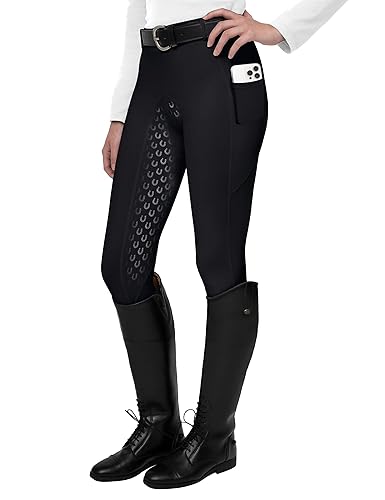 FitsT4 Women's Full Seat Riding Tights Active Silicon Grip Horse Riding Tights Equestrian Breeches - Black Large