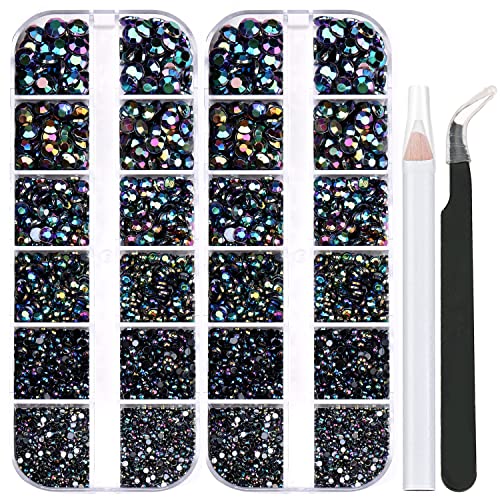 5320 Pieces Flat Back Gems Round Crystal Rhinestones 6 Sizes (1.5-6 mm) with Pick Up Tweezer and Rhinestones Picking Pen for Crafts Nail Face Art Clothes Shoes Bags DIY (BlackAB) - Black AB