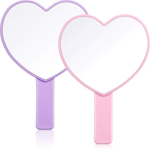 Jetec 2 Pieces Heart-Shaped Handheld Mirrors Travel Makeup Mirrors Mini Cosmetic Mirror with Handle Small Heart Mirrors Decorative Hand Held Mirror for Women Girls Valentine's Day (Pink, Purple) - Pink, Purple