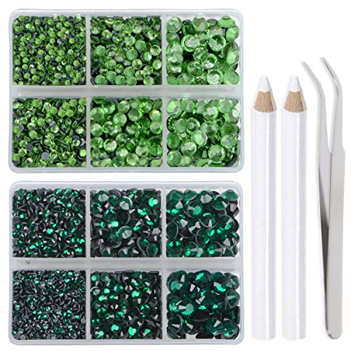 LPBeads 6400 Pieces Emerald and Peridot Hotfix Rhinestones Flat Back 5 Mixed Sizes Crystal Round Glass Gems with Tweezers and Picking Rhinestones Pen - Emerald and Peridot