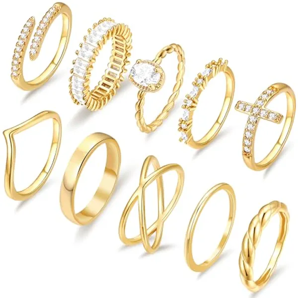 10 PCS 14K Gold Plated Rings Set for Women, Dainty Gold Knuckle Rings Non Tarnish, Simple Thumb Stacking Rings Pack Size 6/7/8/9/10