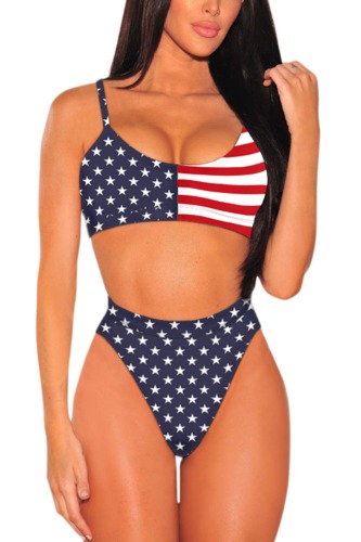 Pink Queen Women's Push Up Spaghetti Straps High Waisted Cheeky Two Piece Swimsuit - Medium - 02 - American Flag Print