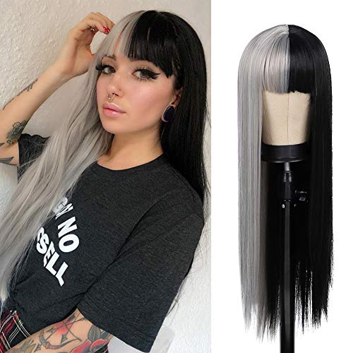 Kaneles Half Grey Half Black Wig for Women Long Straight Hair with Bangs Soft Natural Wigs for Cosplay Party Halloween - Half Grey Half Black