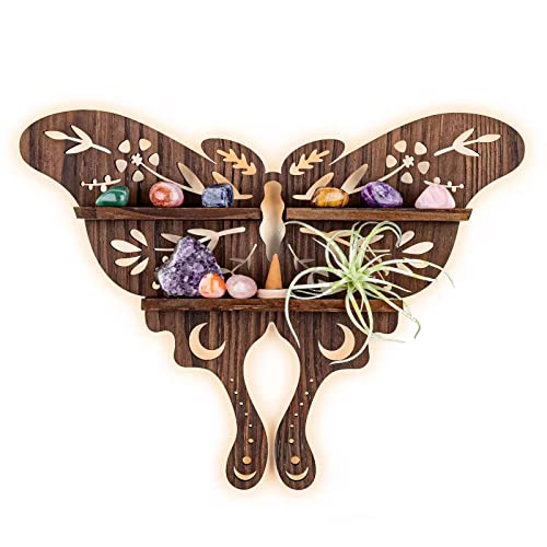 ANROYE Luna Moth Crystal Shelf Display, Boho Pine Wood Wall Floating Shelves with Light for Gem Stone Essential Oil Storage, Bohemian Wooden Butterfly Hanging Witch Rustic Decor Holder - Luna Moth