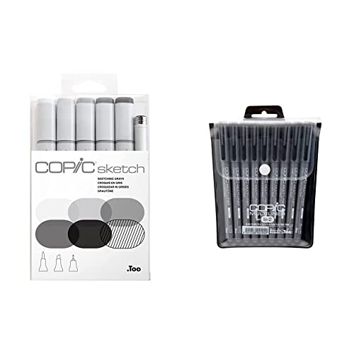 Copic Sketch Alcohol Marker 5 Colors + Multiliner SP Set, Sketching Grays | Copic Markers 9-Piece Multiliner Inking Pen Set - Gray - Marker Set + Pen Set B-2
