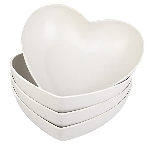 XUEJUN 4pcs Bamboo Fiber Big Heart-shaped Bowls White Deep Heart Plates Salad Bowl/Fruit Bowl for Desserts/Pasta/Dinner (9.7inch, White) - 9.7inch - White