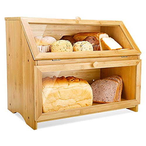 HOMEKOKO Double Layer Large Bread Box for Kitchen Counter, Wooden Large Capacity Bread Storage Bin (Natural Bamboo) - Natural Bamboo