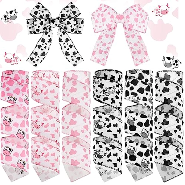 Tigeen 6 Rolls 30 Yards Cow Print Ribbon Wired Edge Black and White Striped Dot Wrapping Ribbons Animal Print Ribbon Pink Strawberry Cow Ribbons for Wreath Bow DIY Crafts Party Celebration Decoration
