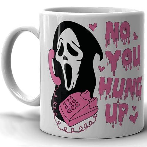 4GIFTSAKE Scream11oz Halloween Mug - No You Hung Up Design - Spooky Horror Coffee Cup for Fans - Collectible Ghostface Merchandise - Mug for Halloween Decor and Coffee Enthusiasts