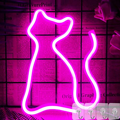 YIVIYAR Cat LED Neon Light Sign Cat Neon Lamp Pink Cat Neon Sign for Bedroom Wall Decor Light Up LED Signs Neon Nigh Light Sign Neon Wall Light Cat Gift for Girls Christmas Birthday Party Home