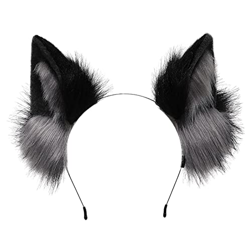 ZFKJERS Furry Fox Wolf Cat Ears Headwear Women Men Cosplay Costume Party Cute Head Accessories for Halloween (Grey Black) - Grey Black