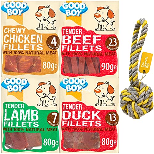 Good Boy Dog Treats consist of Natural Chicken Fillets for Dogs 80g, Beef Fillets 90g, Duck Fillets 80g, Lamb Fillets 80g and a Rope Ball Dog Toy