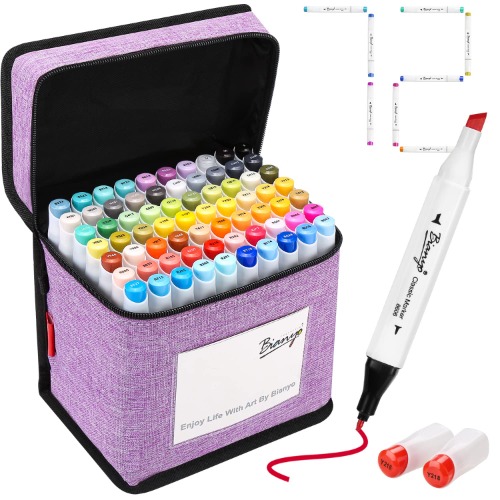 Bianyo 72 Primary Colors Alcohol Markers Set, Double Tipped Bullet & Chisel Art Marker Set for Artist, Adults Coloring, Drawing, Sketching, 71 Classic Colors+1 Blender+1 Swatch+1 Purple Travel Case - 72 Colors, Purple Bag