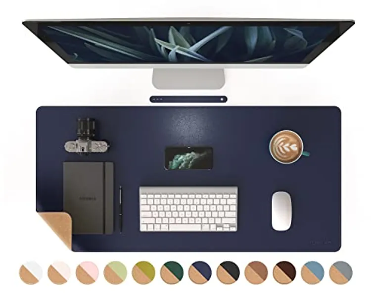 RENMTURE Dual-Sided Desk Pad, Natural Cork & PU Leather Large Mouse mats for Office and Home Work, Desk Protector Non-Slip, Waterproof, Easy Clean (Dark Blue, 36"x17")